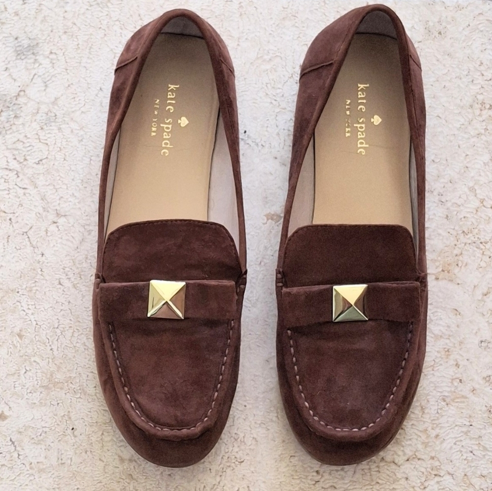 KATE SPADE " Paige" Chestnut Brown Suede Loafer with Gold Accent- Size 8.5